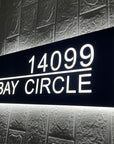 Side view of 3D LED address sign showing floating effect and depth