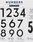A digital graphic showing the dimensions and specifications of the Oblivion Numbers font. The image features large black numbers 0 through 9 with precise width and height measurements in inches, along with thickness and inch conversion details for a 1.