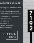 Solar-powered address sign with customizable features and Selegna Signs branding.