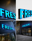 Collection of custom front lit channel letters in red blue green and white options