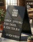 Black A-frame sign with changeable letters showing lunch special details