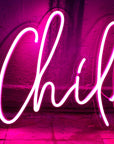 Square framed neon box sign with Chill text for modern shelf decor