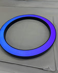 Round LED business logo sign with blue illumination and 3D depth for storefronts