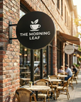 Custom round metal business sign with printed logo for coffee shop storefront