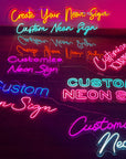 Neon signs with various customizable text options on a dark background