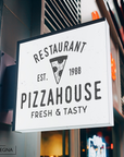 Restaurant entrance sign with square LED display for Pizza House