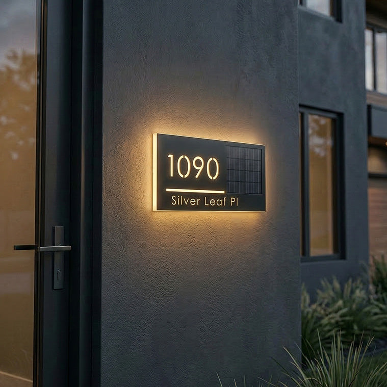 Modern house exterior with illuminated house number sign.