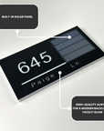 Wire-free solar LED house number sign with modern acrylic backlit and facelit design