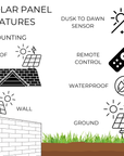 Diagram of solar panel features including mounting options, sensor, remote control, and waterproofing.