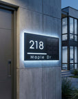 Custom LED address plaque with street name and solar panel for outdoor home address display