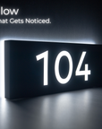 Modern house number sign with glowing digits '104' on a dark background.