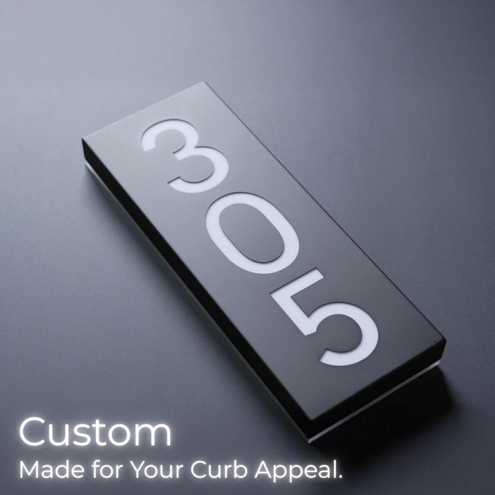 Metallic house number plaque with '305' on a dark background