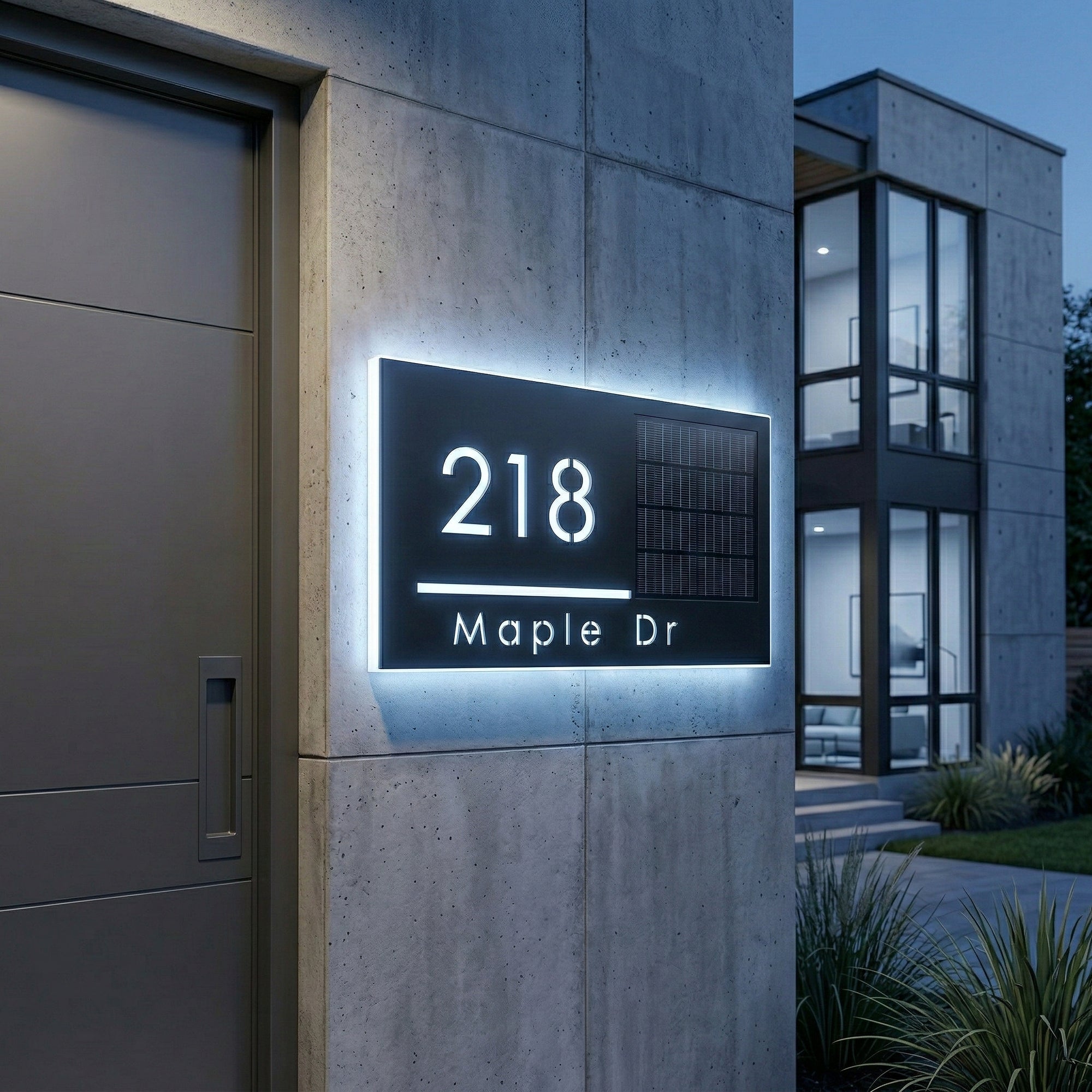 Custom LED address plaque with street name and solar panel for outdoor home address display