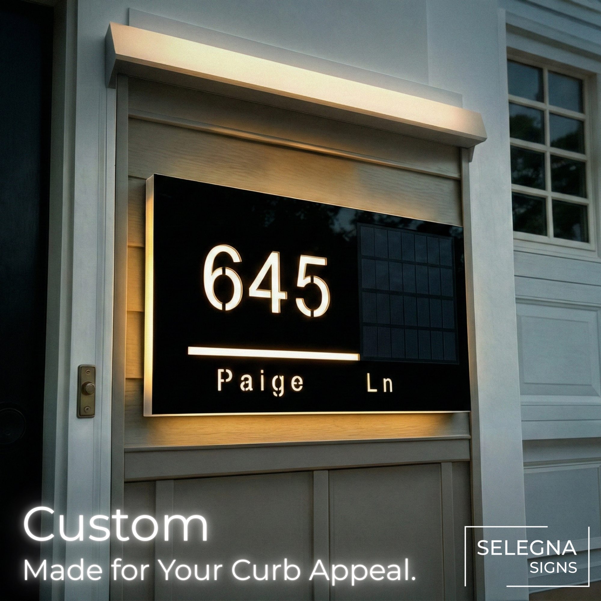 Custom solar powered address sign with LED illuminated house numbers and street name