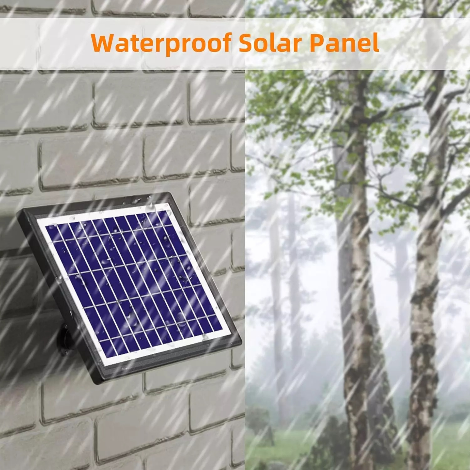 Waterproof solar panel attached to a wall with a background of trees in the rain.