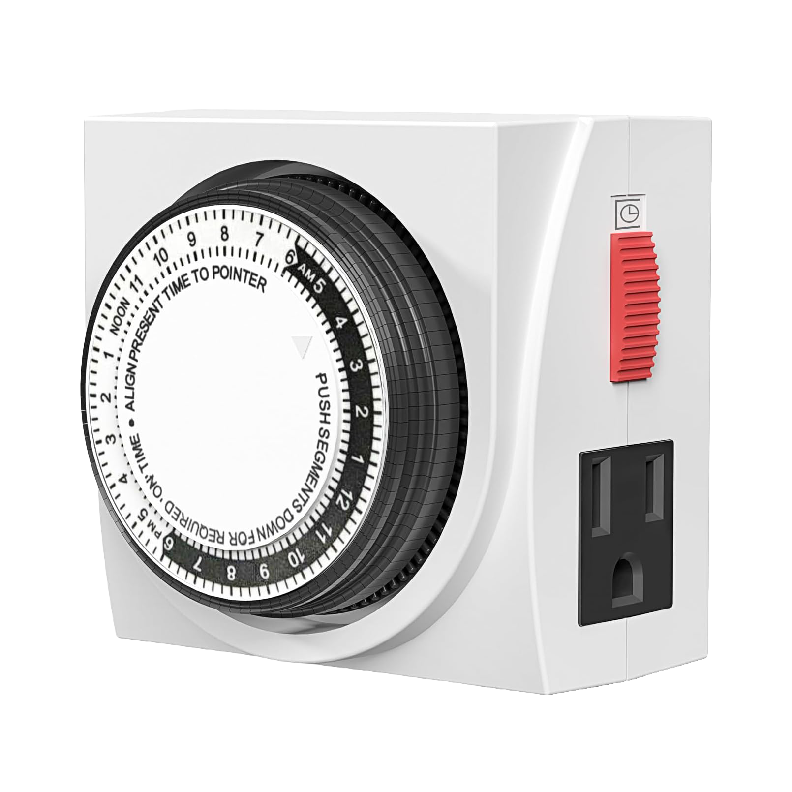 White electrical timer with black dial and red button on a white background