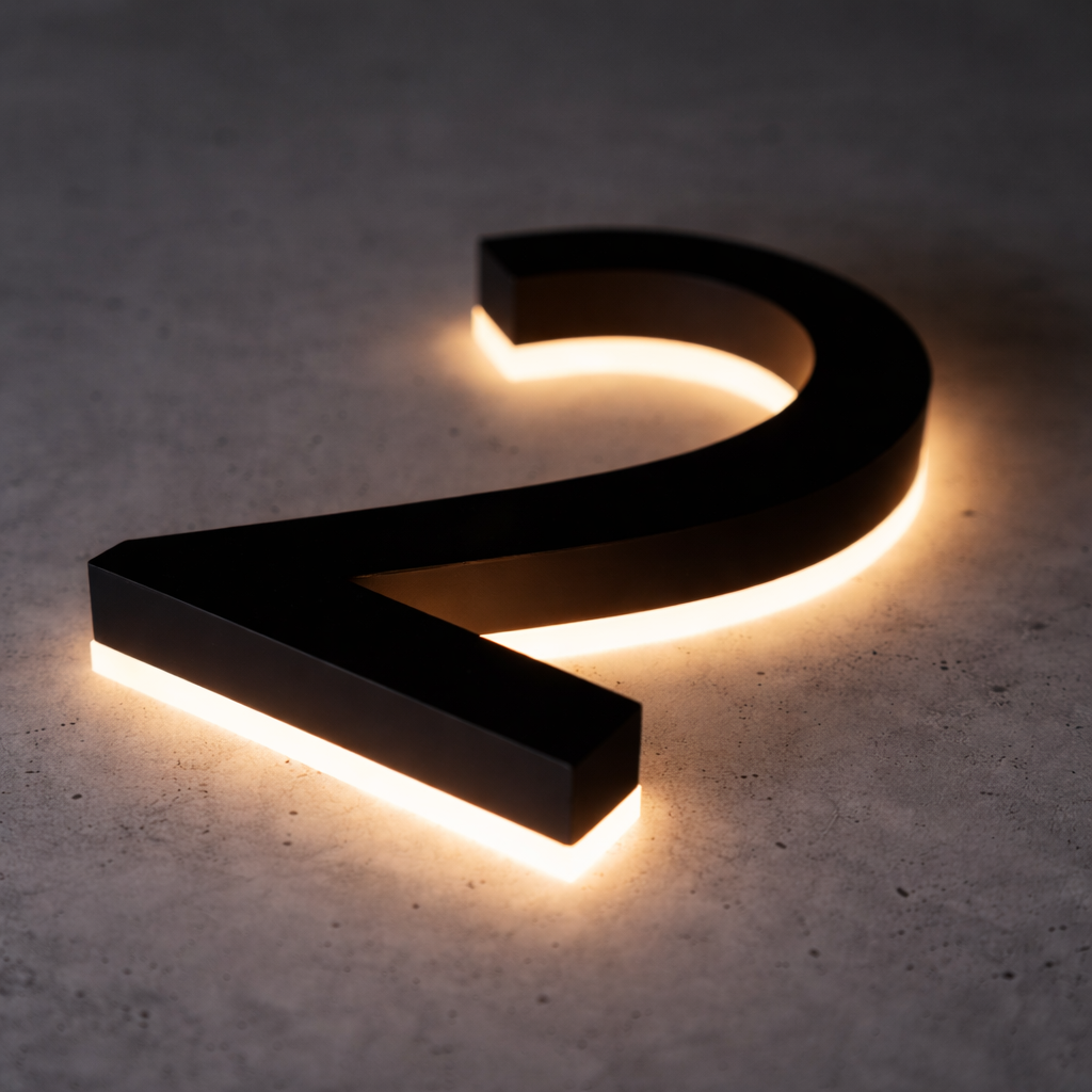 Black illuminated house numbers on a concrete surface
