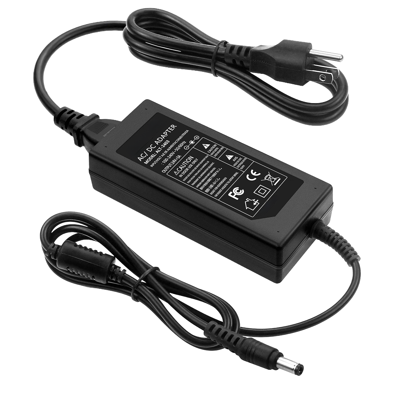 Black AC/DC adapter with power cord on a white background