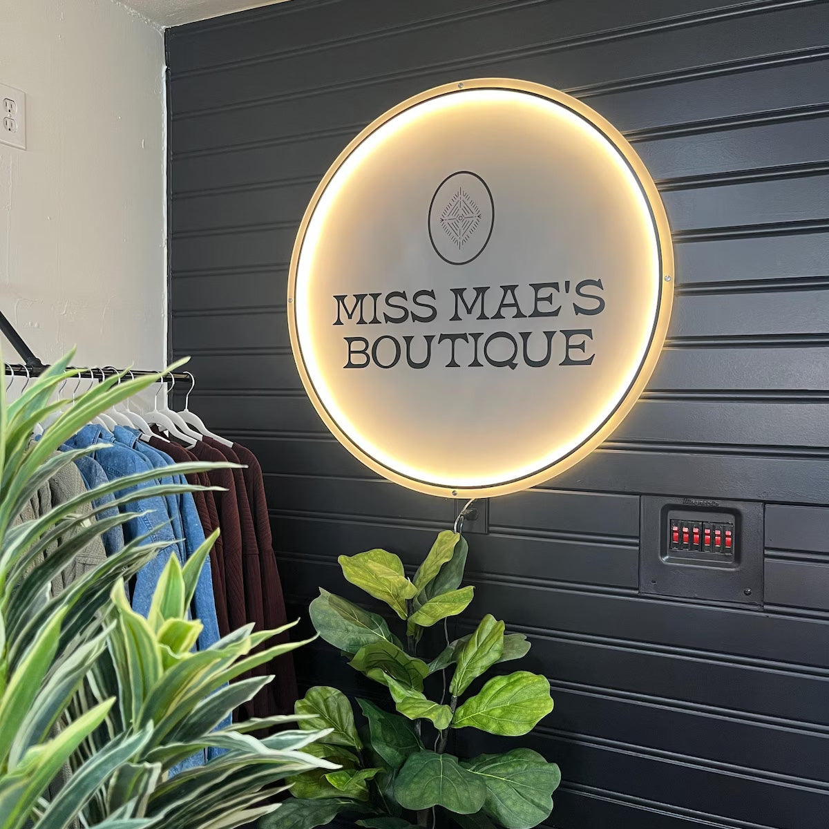 Luxury teal circular halo backlit sign surrounded by a matching floral arrangement on a dark interior wall