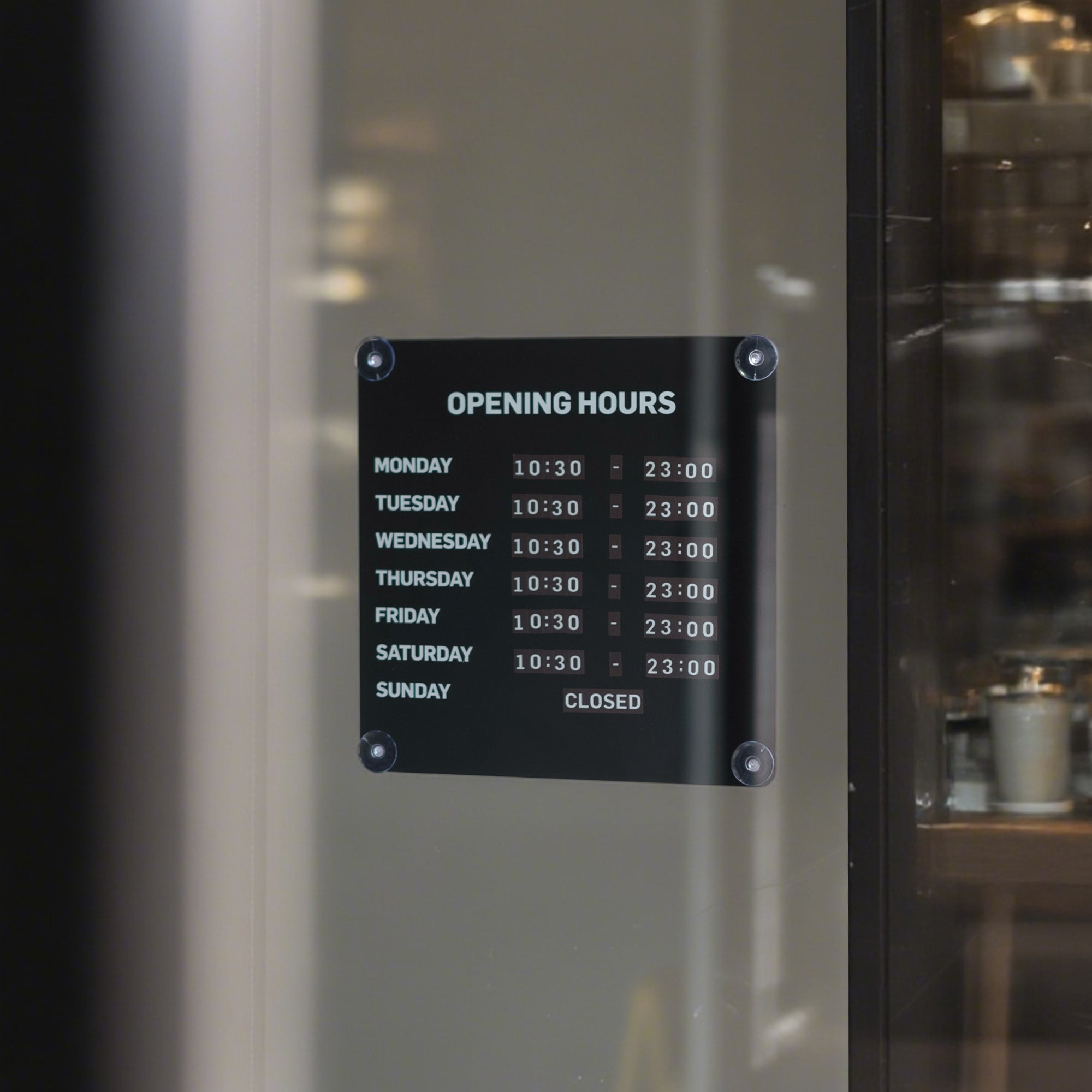 A black metal 'OPENING HOURS' sign with white text, mounted on a glass door or window. The sign lists daily hours from Monday to Sunday as 10:30, with Sunday marked as closed.