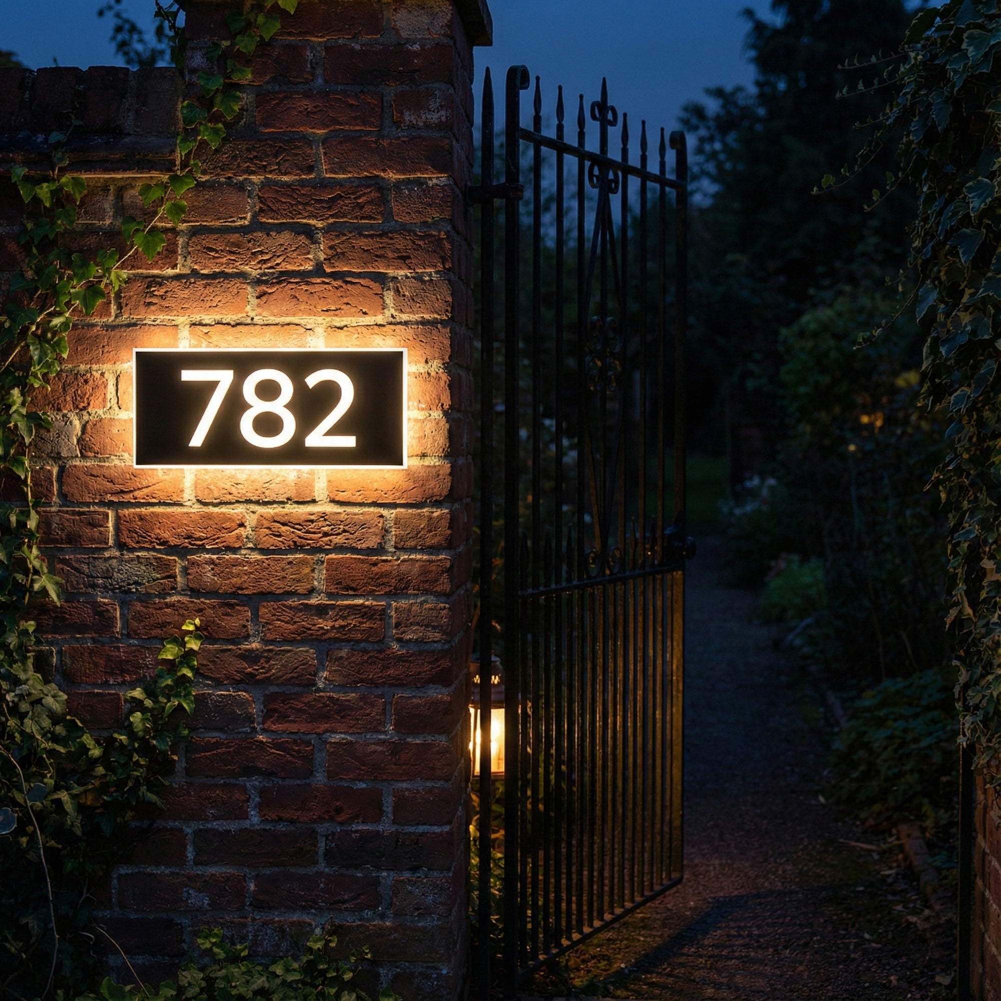 House number '782' on a brick wall at night with a gate in the background.