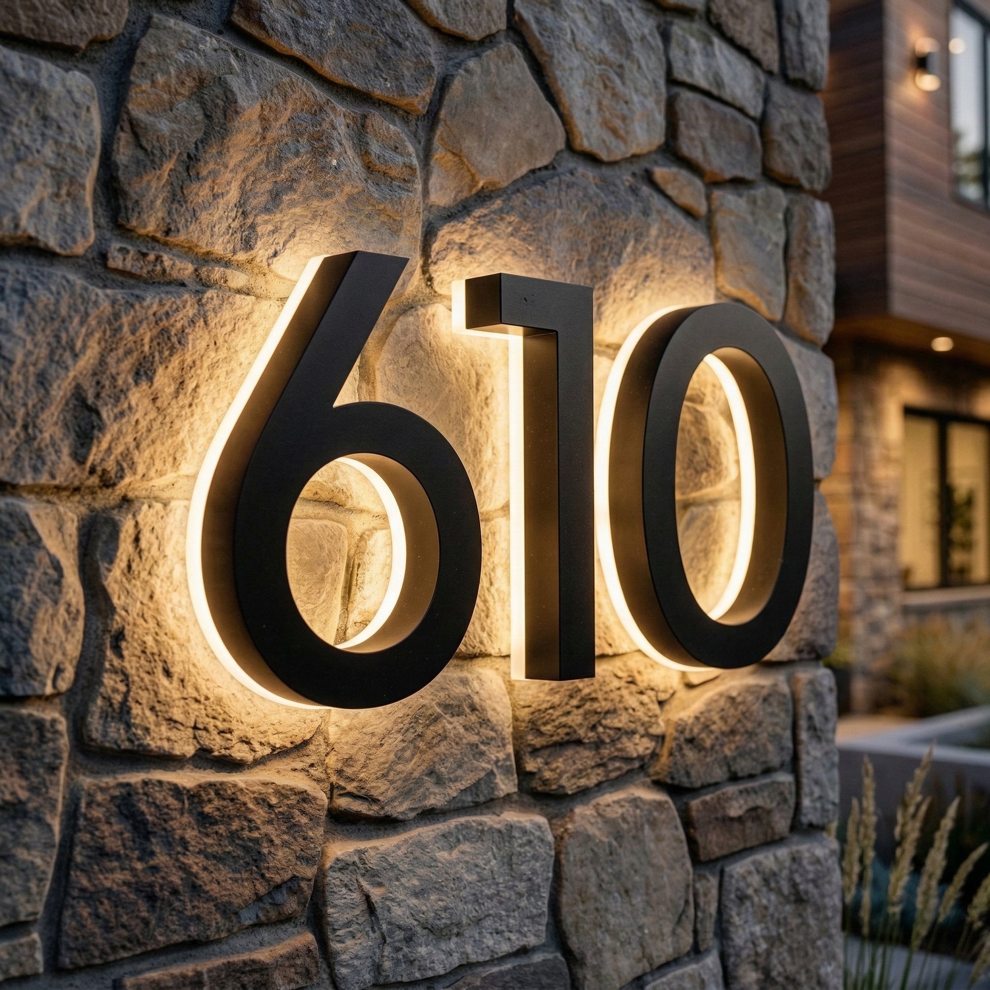 Modern house numbers '610' on a stone wall at night