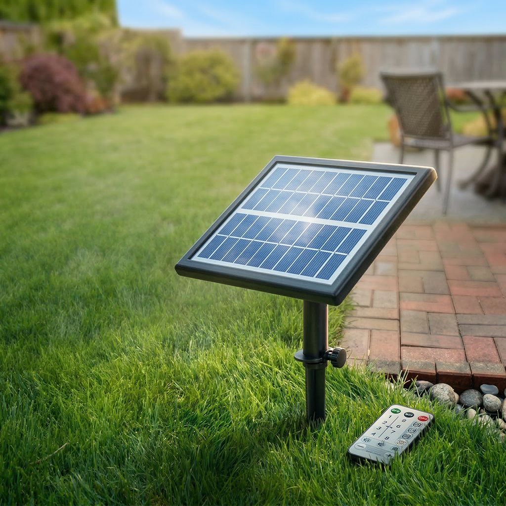 Solar panel on a grassy lawn with a remote control nearby