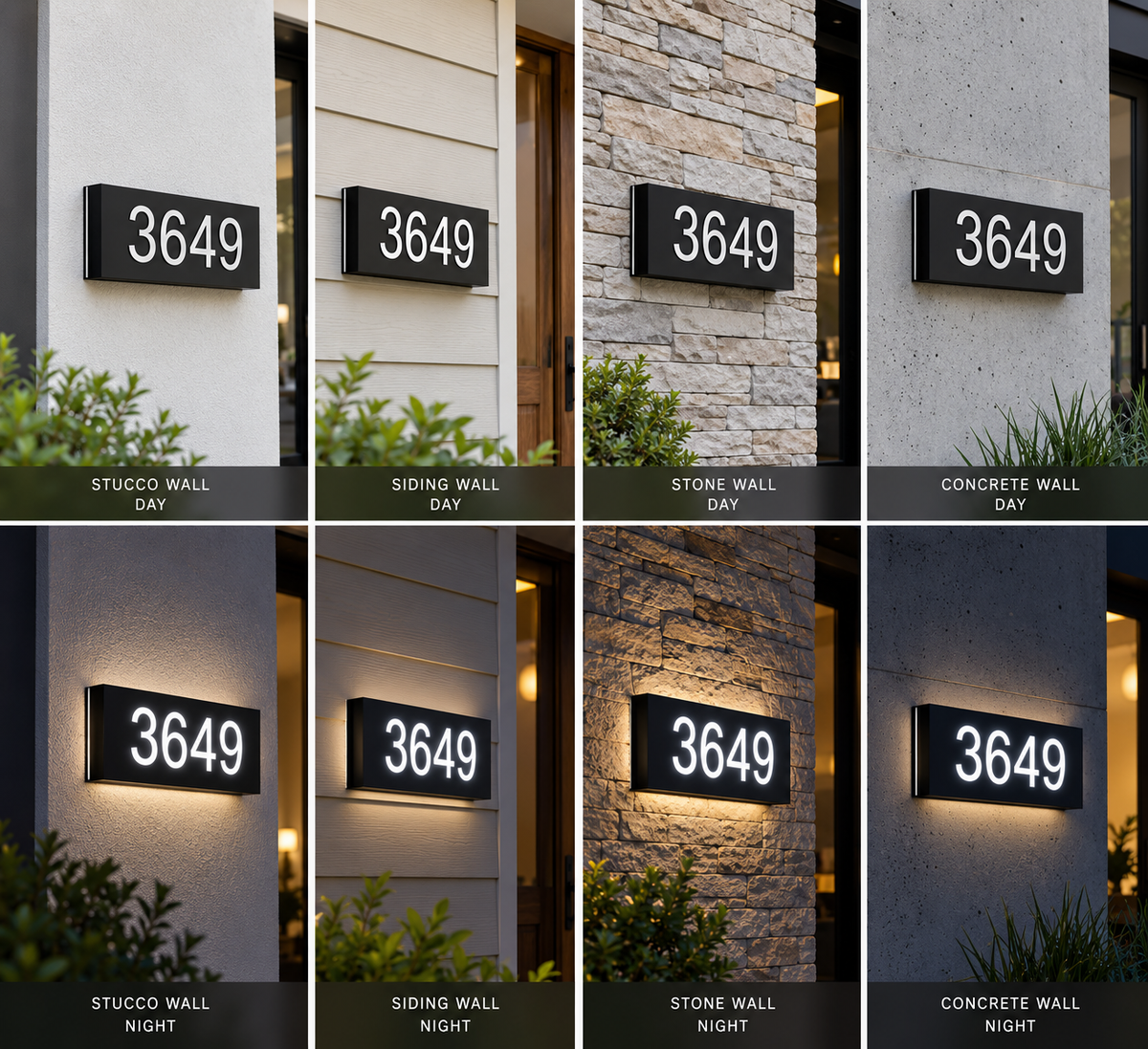 Black rectangular illuminated house number sign with bright white LED numbers, designed for modern outdoor home exteriors and suitable for stucco, brick, stone, concrete, and siding walls.