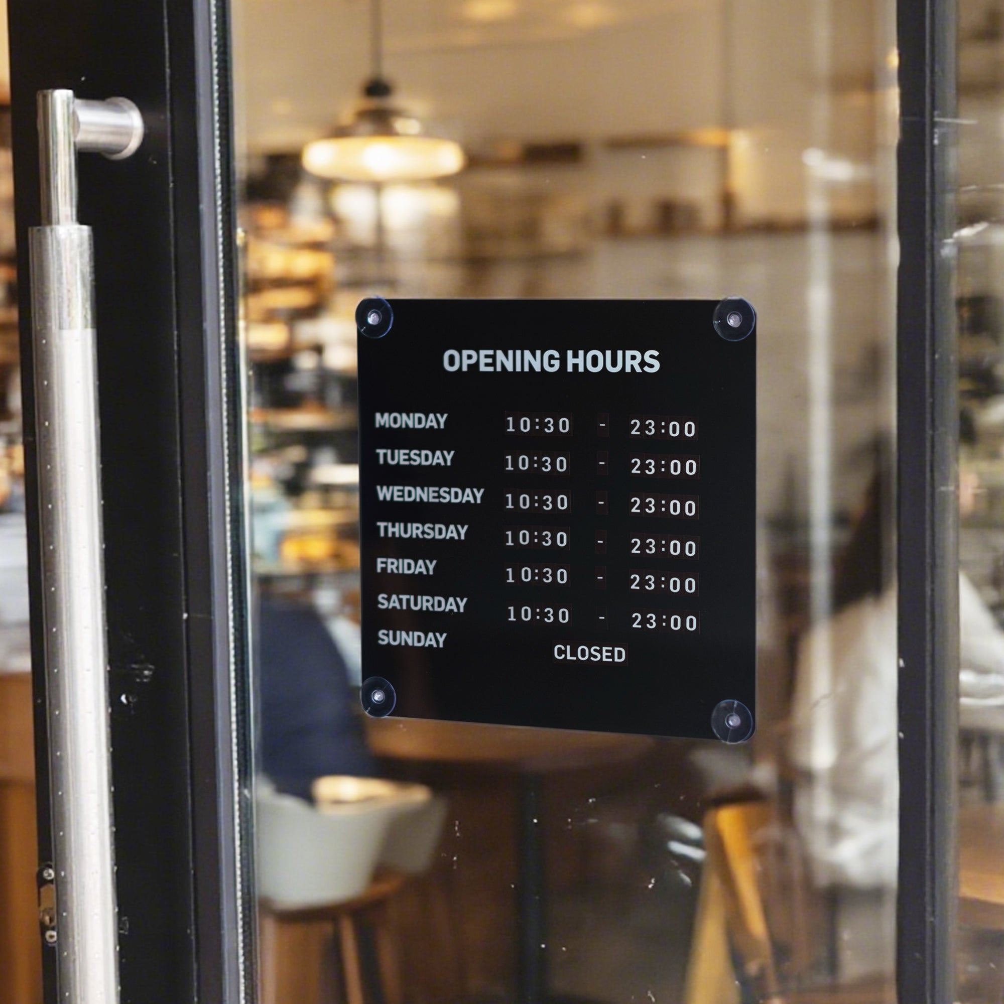 Opening hours sign on a glass door with a blurred interior background