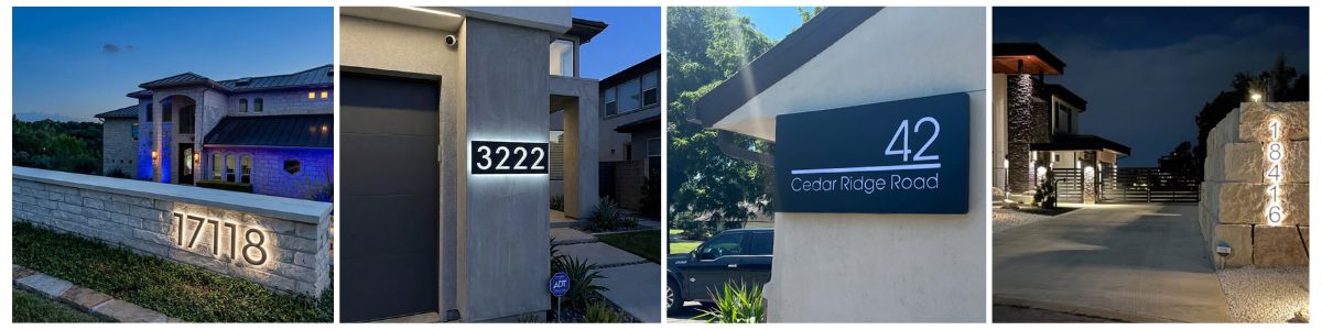 Four different house number signs in various settings.