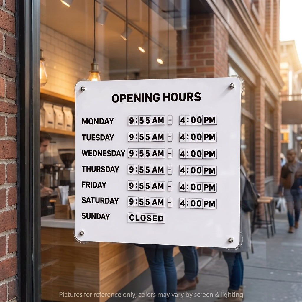 White magnetic business hours sign mounted on a cafe glass door with weekly opening hours set in changeable tiles