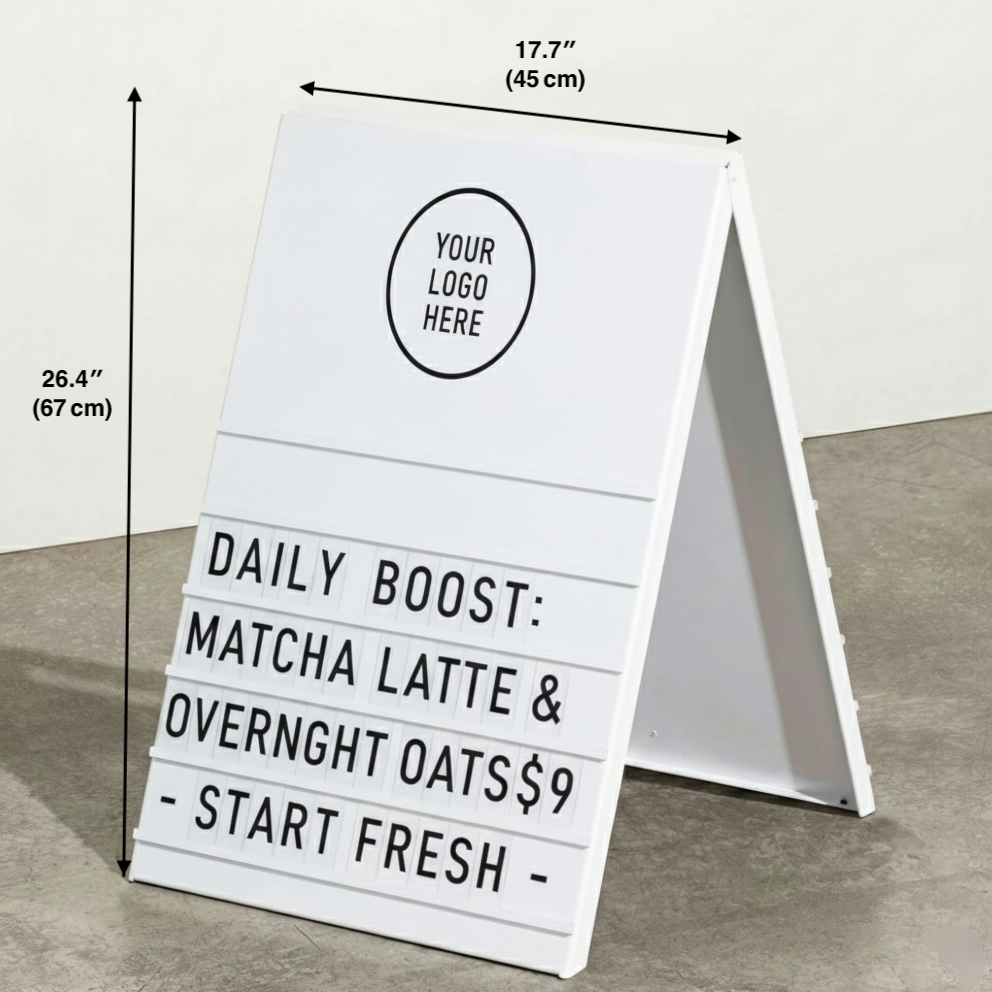 A-frame sign with customizable text and logo placeholder on a plain background