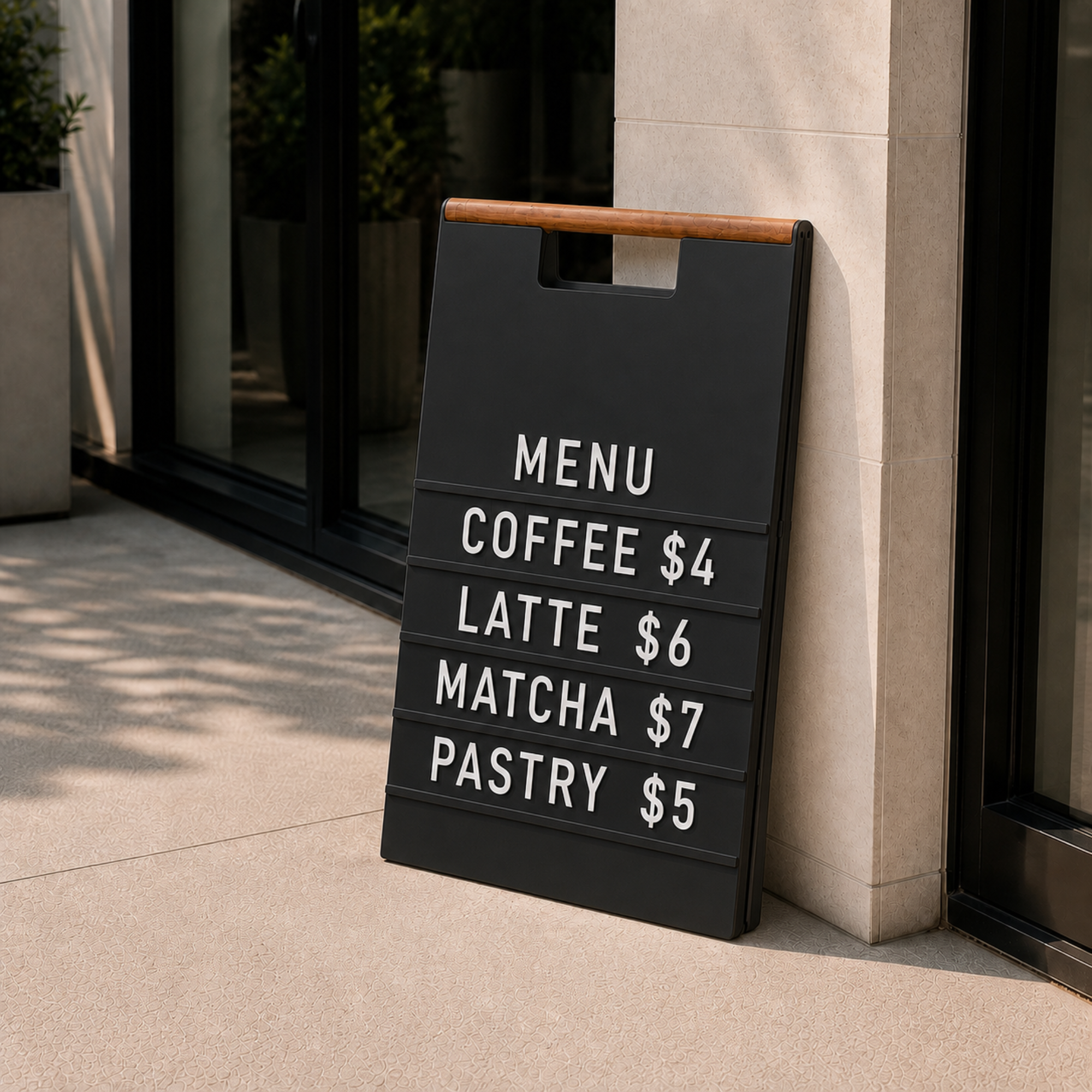 Black A-frame menu board with white letters showing a coffee menu with prices at a storefront entrance
