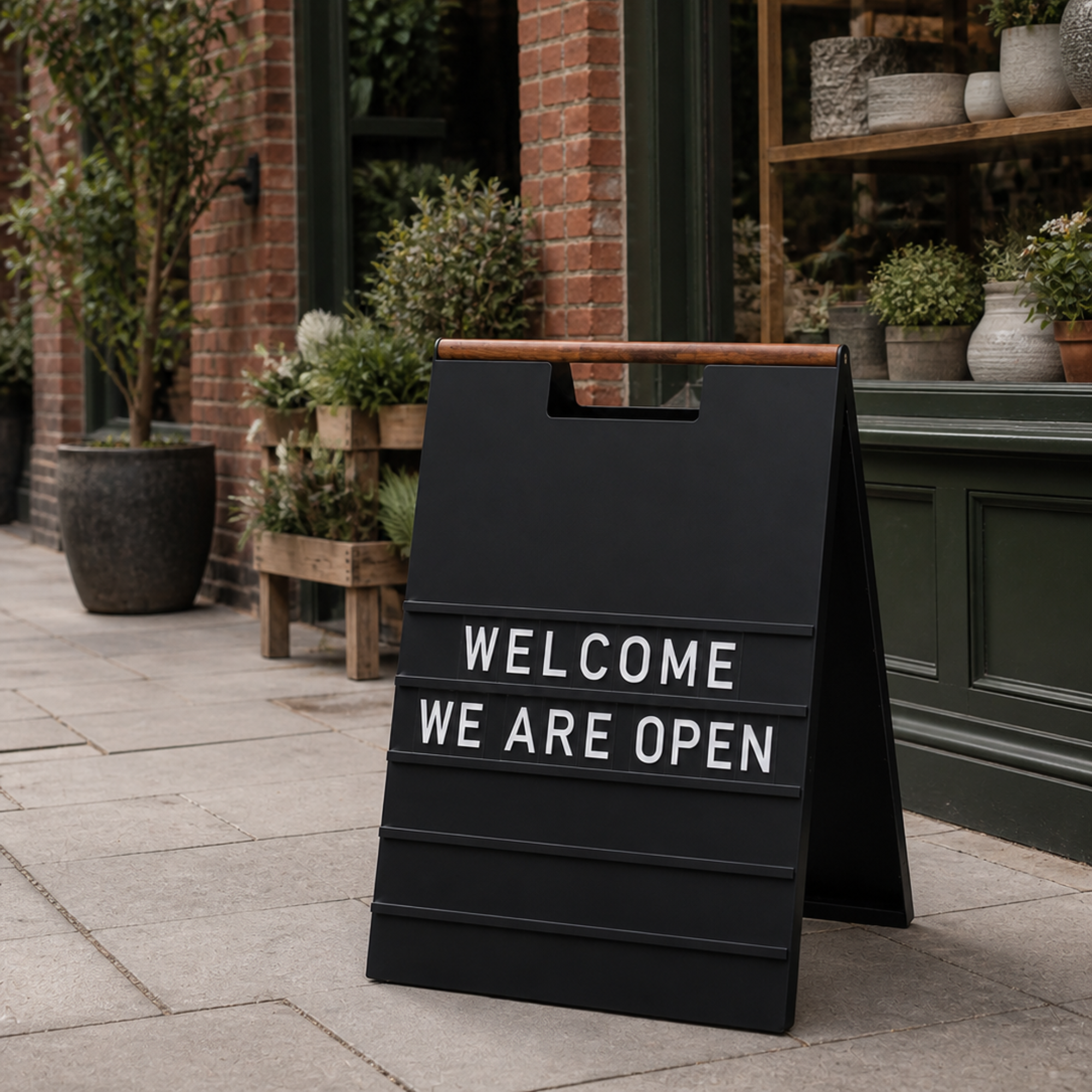 Black A-frame menu board with white letters reading Welcome We Are Open outside a shopfront