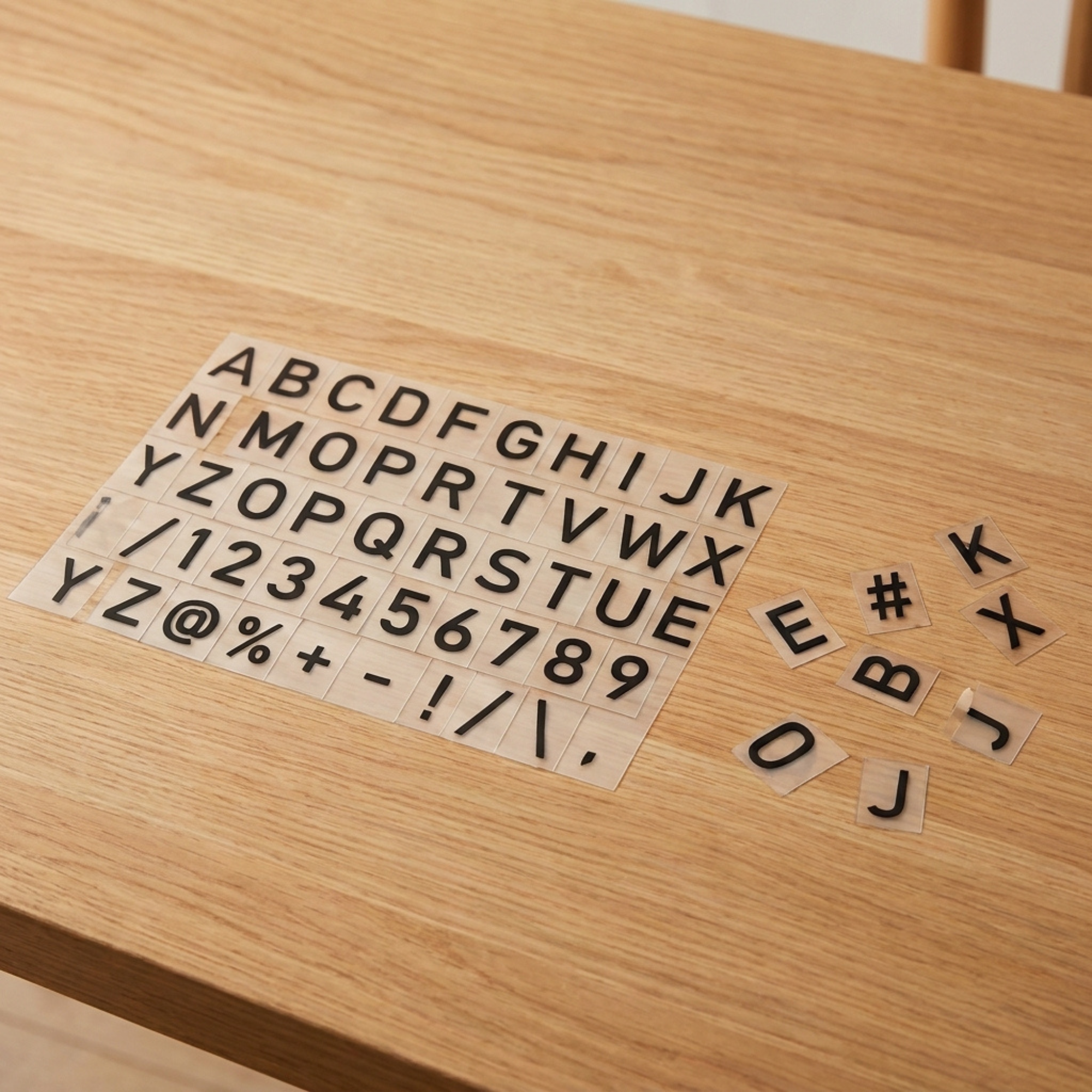 Sheet of black acrylic letter, number and symbol tiles for a changeable menu board on a wood table