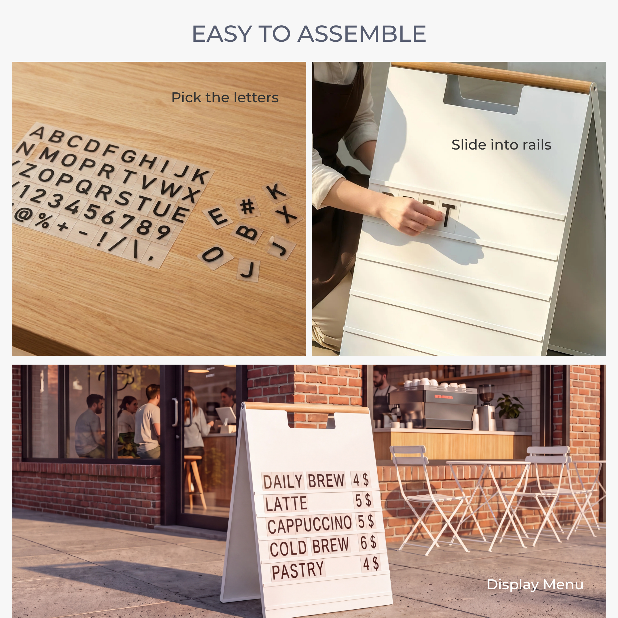 Three-step guide to assembling an A-frame menu board: pick letters, slide into rails, display the menu