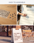 Three-step guide to assembling an A-frame menu board: pick letters, slide into rails, display the menu