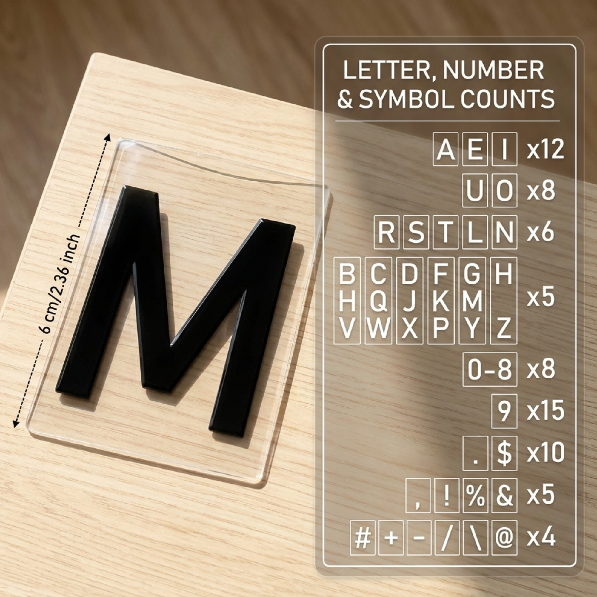 Close-up of a 2.36 inch black letter tile with the included letter, number and symbol counts