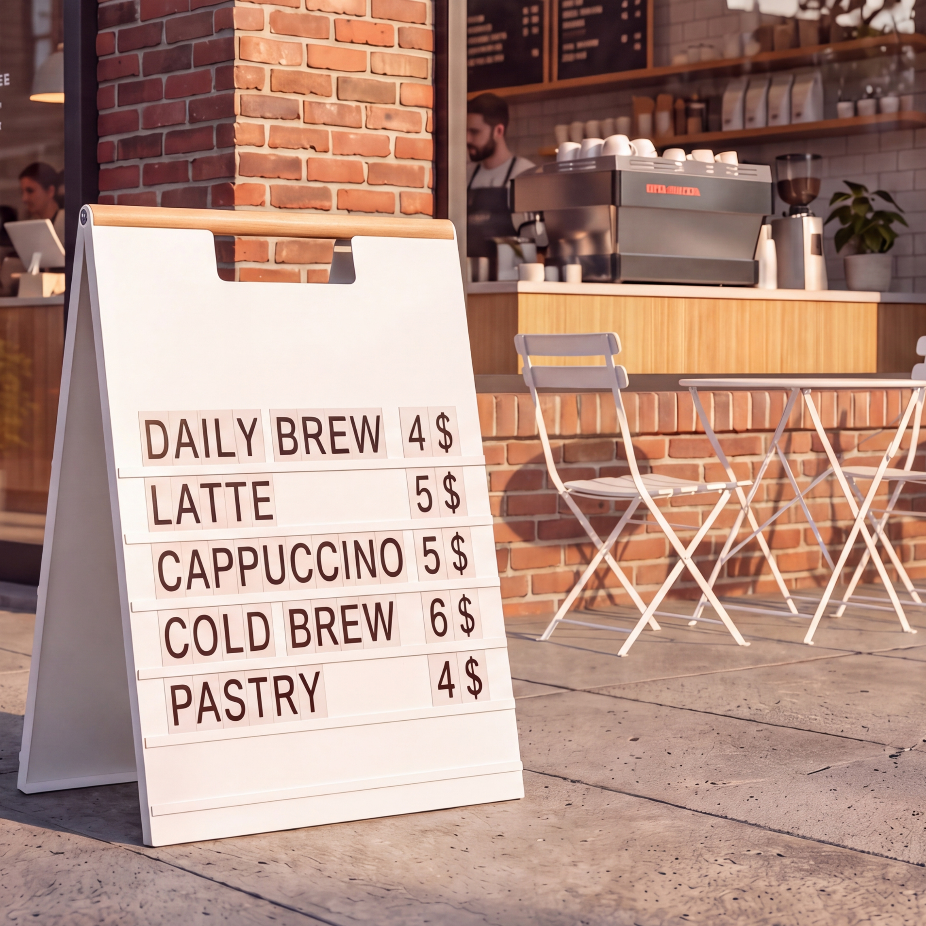 White A-frame menu board with a wood handle showing a coffee menu outside a brick cafe
