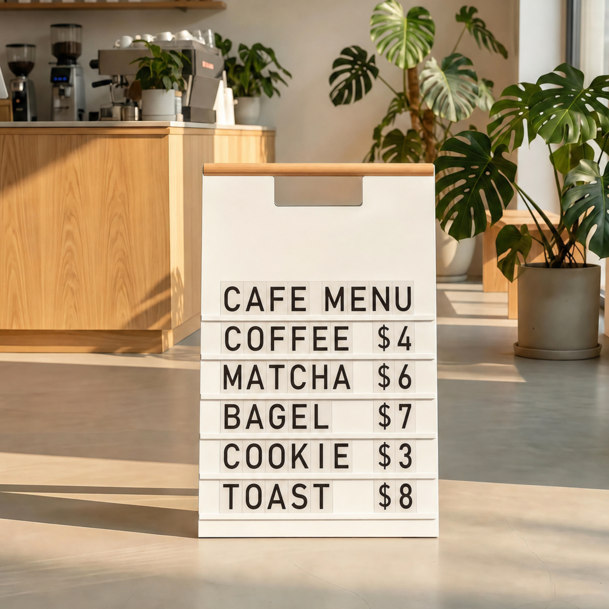 White A-frame menu board with a wood handle showing a cafe menu with prices inside a coffee shop