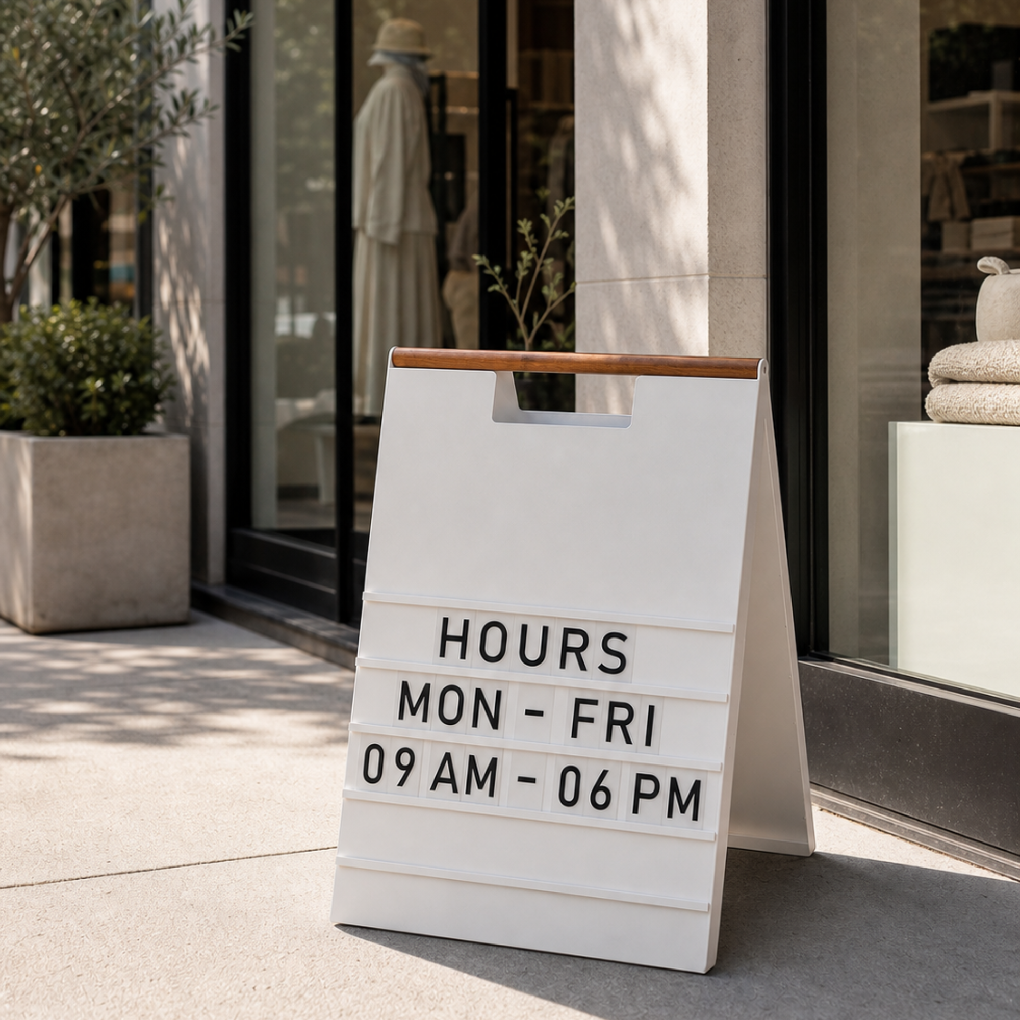 White A-frame menu board with a wood handle showing store hours outside a boutique window