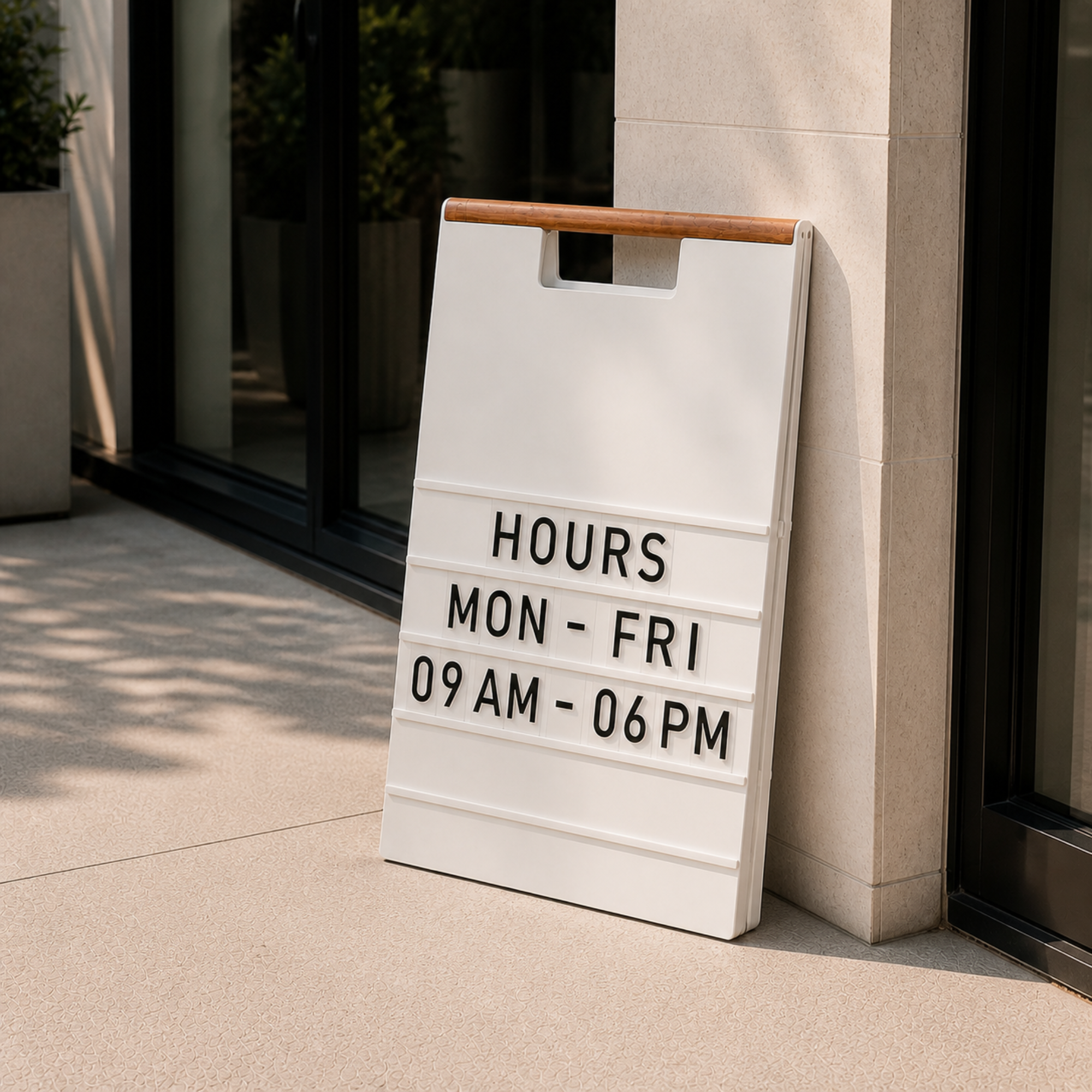 White A-frame menu board with a wood handle showing store hours, leaning on a stone column