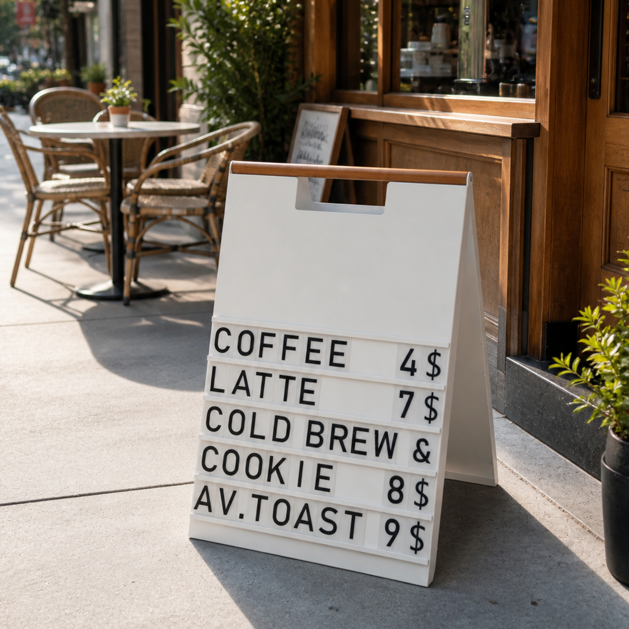 White A-frame menu board with a wood handle showing a coffee price menu on a cafe patio
