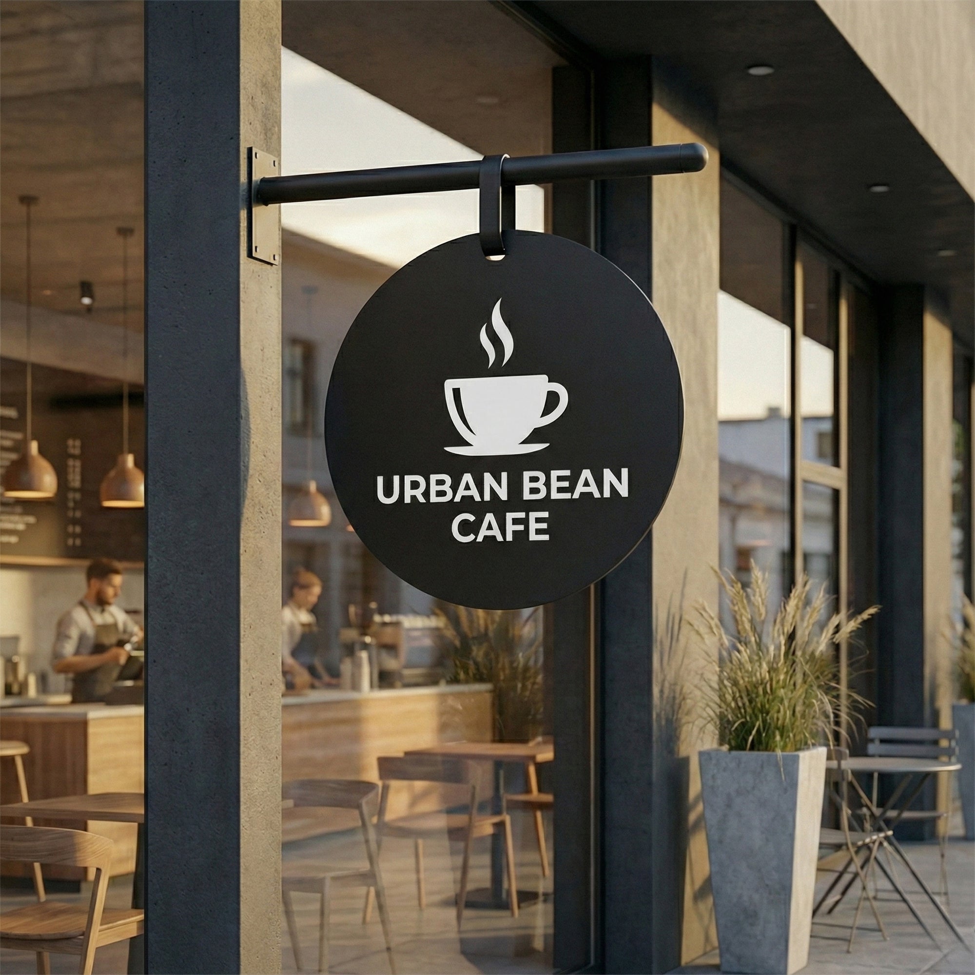 Collection of round and square hanging business signs in black and white