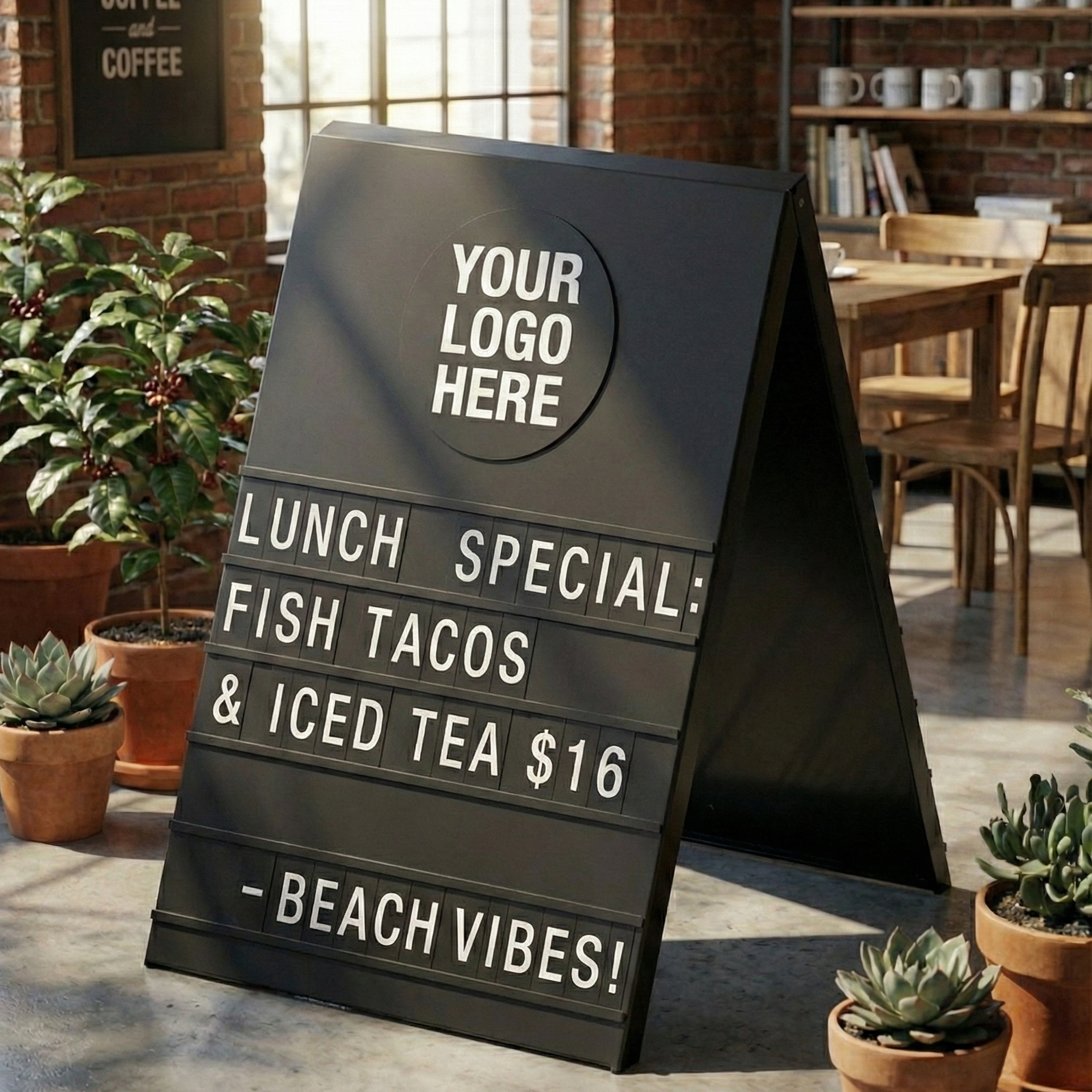 Black A-frame sign with changeable letters showing lunch special details