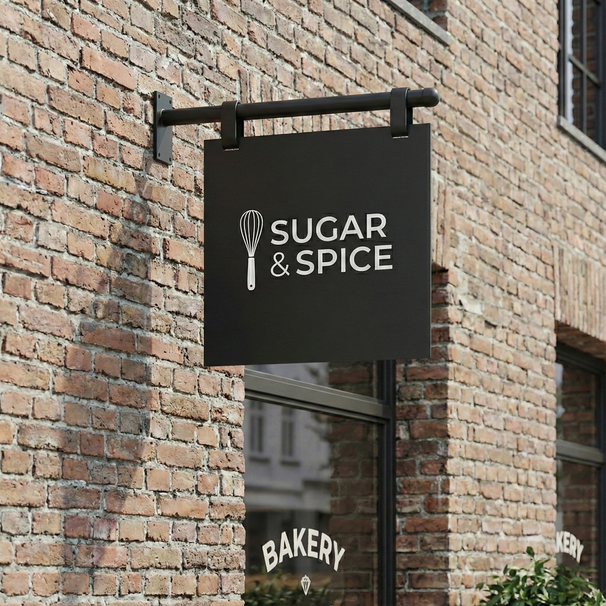 Black square metal hanging sign with custom bakery logo branding