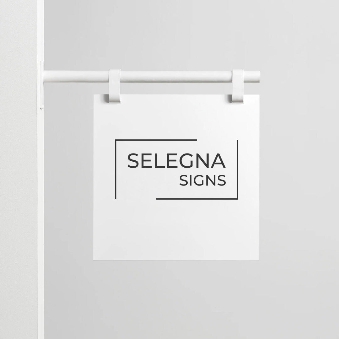 Custom white square hanging business sign with metal bracket for storefronts