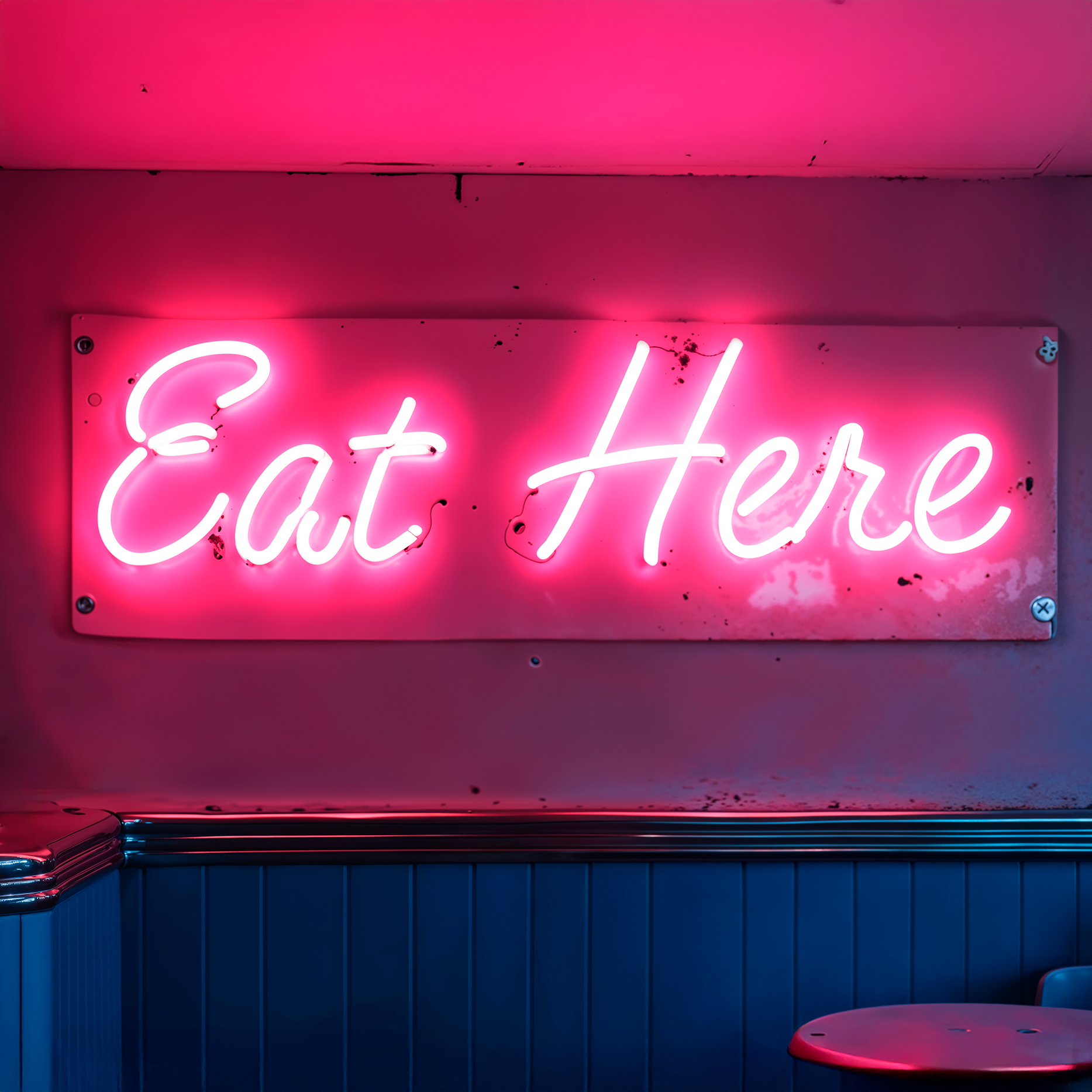 Pink Eat Here circular neon sign for retro restaurant dining area