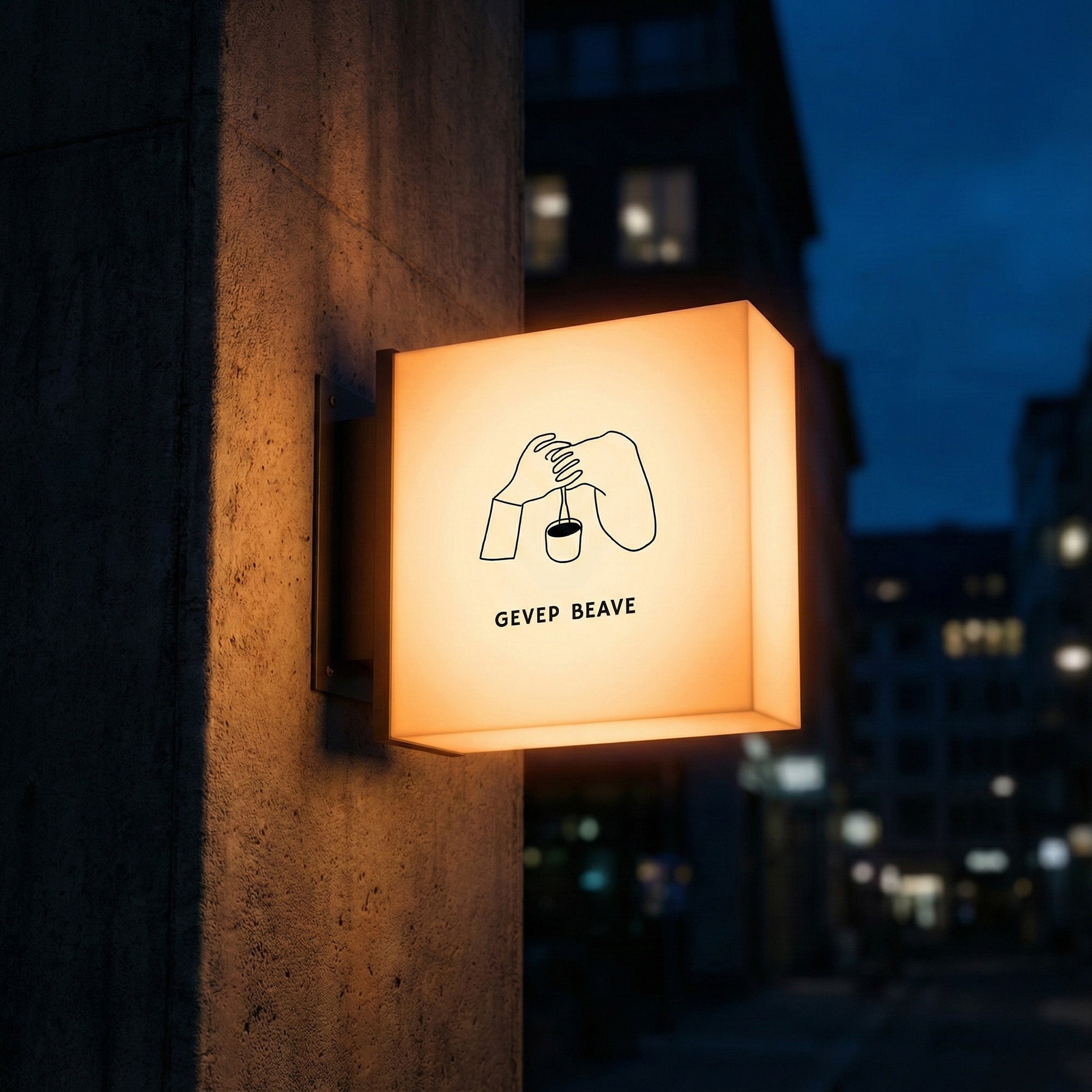 Illuminated outdoor square sign hanging on wall at night with warm lighting