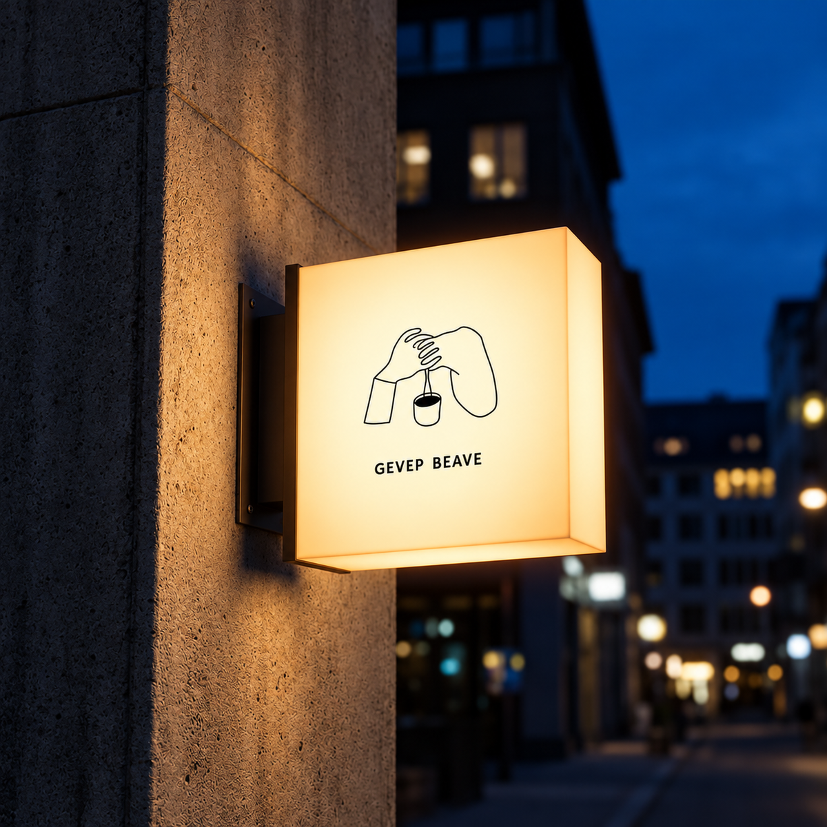 Illuminated outdoor square sign hanging on wall at night with warm lighting